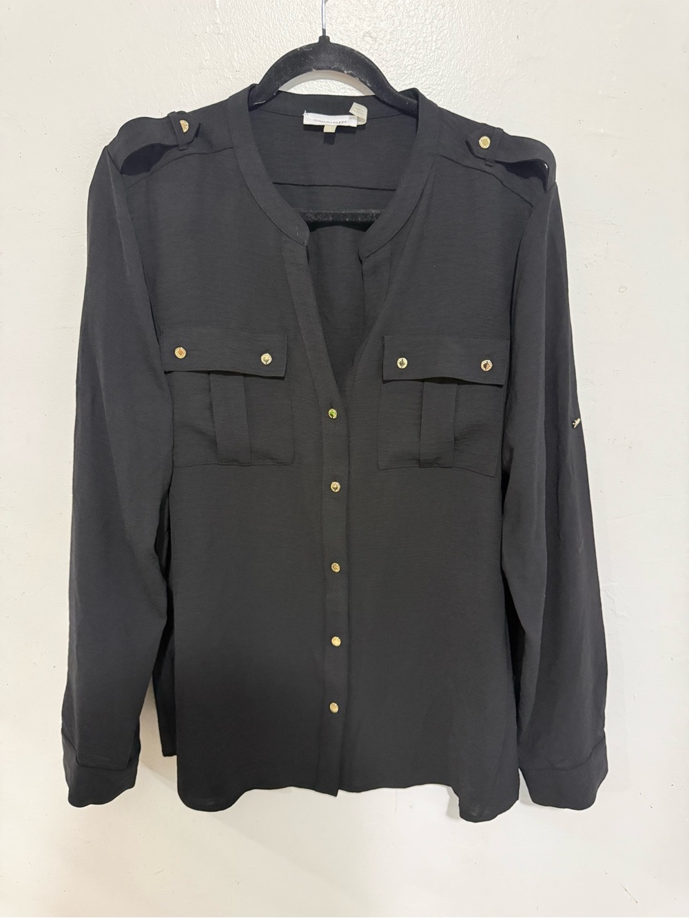Calvin Klein Black Button-Front Utility Shirt with Gold-Tone Accents